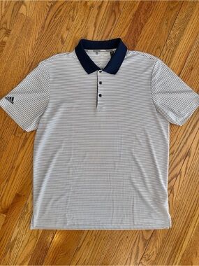 Adidas Golf Polo with Navy Collar and Thin Navy Stripes